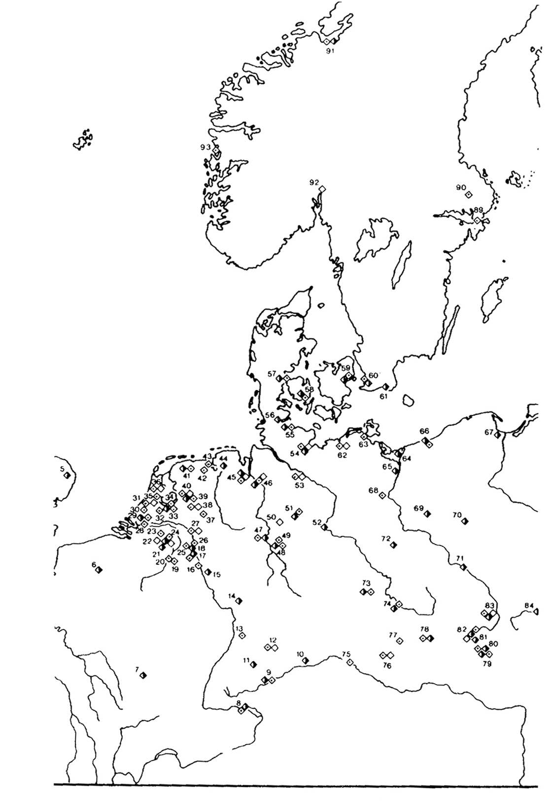 Obr. 1. Mapa nálezů zbytků chmele (převážně peciček) v Evropě severně od Alp z 11. 18. stol. Nálezy ze staršího období (v ČR Mohelnice neolit, Mikulčice doba slovanská) nejsou zakresleny.