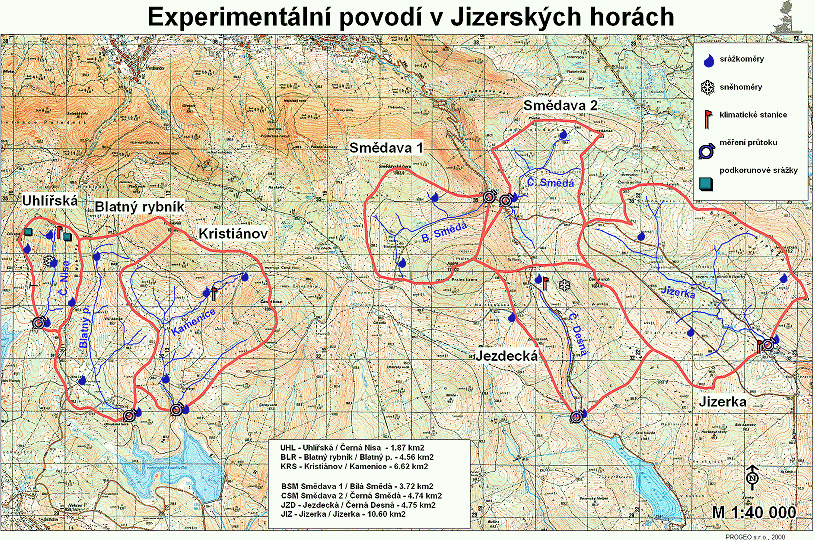 Experimentální hydrologická základna Jizerské hory Obr. 1. Experimentální povodí ČHMÚ v Jizerských horách. Fig. 1. Experimental basins of CHMI in the Jizera Mountains. T a b u l k a 1.