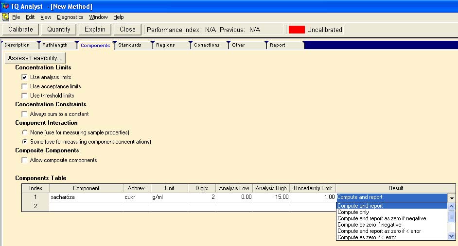 Poté přepněte na záložku Components, kde je především třeba vyplnit tabulku Components Table, kde uvedete název stanovované složky, její zkratku, jednotky veličiny použité pro kvantitativní analýzu,