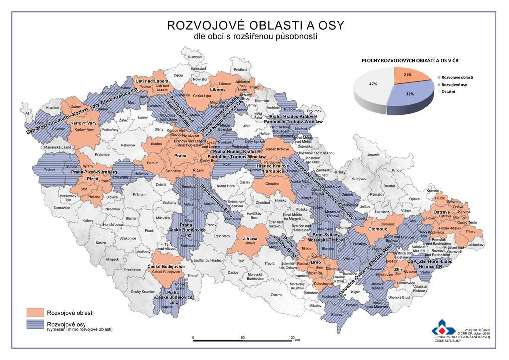 Obrázek č. 8: Vymezení rozvojových oblastí a os na základě obvodů ORP v roce 2010 Zdroj: Centrum pro regionální rozvoj České republiky Obrázek č.