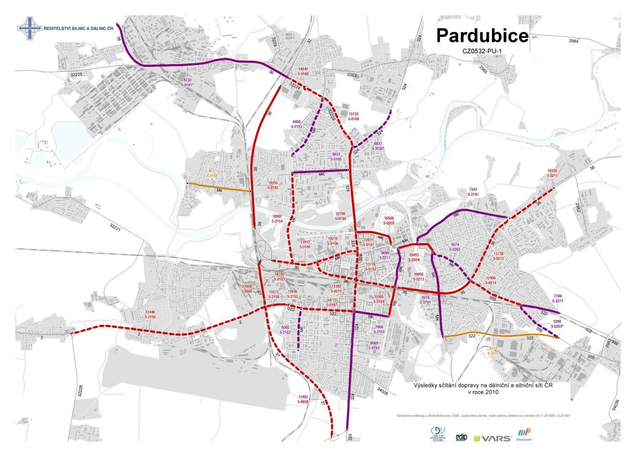 Obr. 7 Mapa dopravních intenzit 2010 město Pardubice Pramen: Celostátní sčítání dopravy 2010
