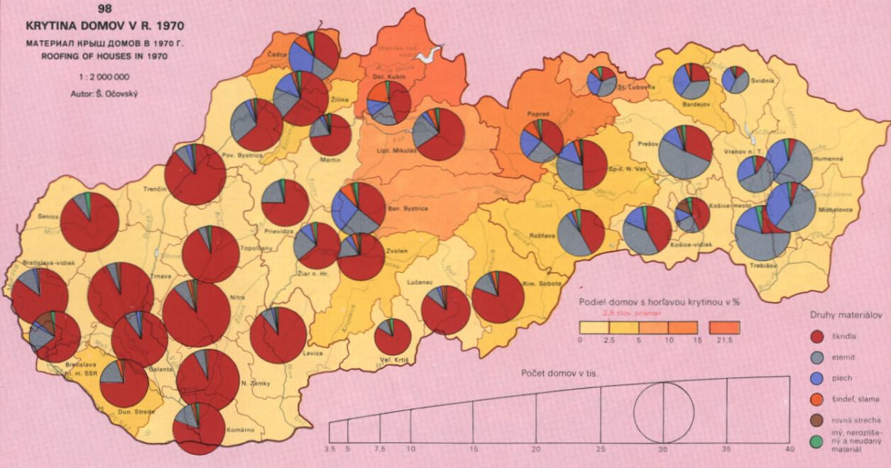 Obrázek 108 Tematická mapa používající metodu kartogramu (intervalová stupnice) a kartodiagramu (funkční stupnice).