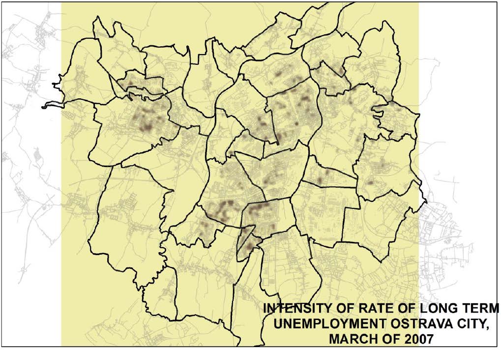 Obrázek 118 Metoda Kernel densty: Intenzita míry dlouhodobě nezaměstnaných v Ostravě v březnu 2007 (Horák et