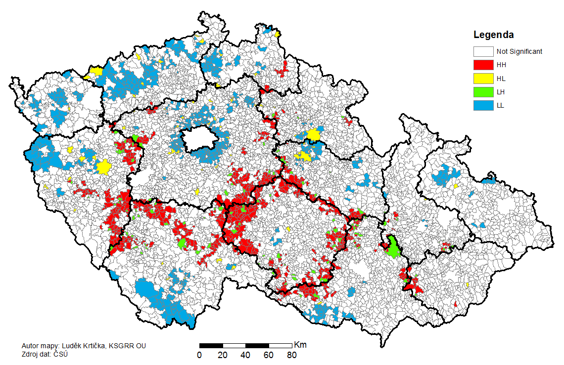 Obrázek 135 Výsledek analýzy LISA pro podíl populace starší 65 let (r. 2011). Výchozí vykreslení dle pole COType bylo upraveno do vlastních barev.