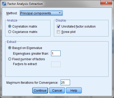 V nabídce políčka Extraction za účelem určení počtu (extrakce) faktorů obsahujících jednotlivé původní proměnné je nejčastěji využívána metoda hlavních komponent ( Principal componets ).