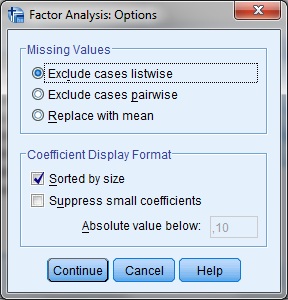 Pro jednodušší čitelnost hodnot korelačních koeficientů mezi danou proměnnou a příslušným faktorem (faktorových zátěží) použijeme v nabídce Options možnost Sorted by size, čímž budou seřazeny