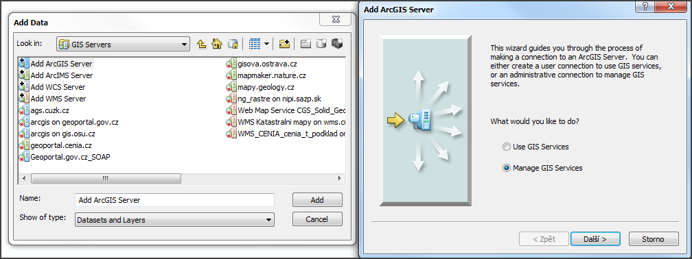 Obrázek 14 Připojení webových mapových služeb na technologii ArcGIS Server (resp.