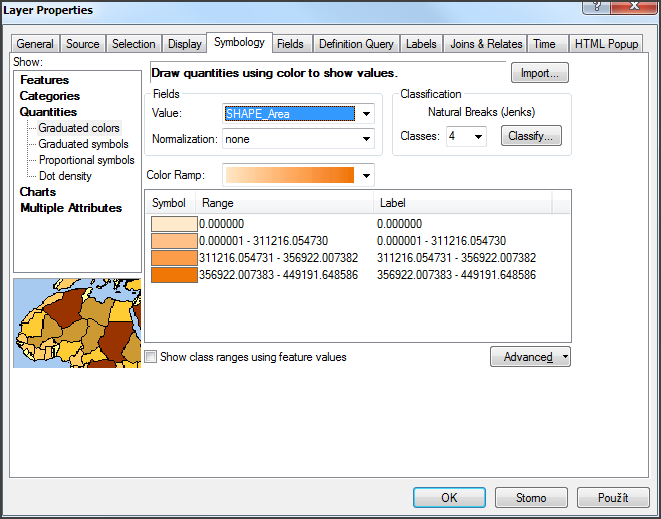 Výběr počtu intervalů Výběr barevného odstínu Obrázek 24 Úprava symbologie typu Quantities Graduated Colours (Symbols).