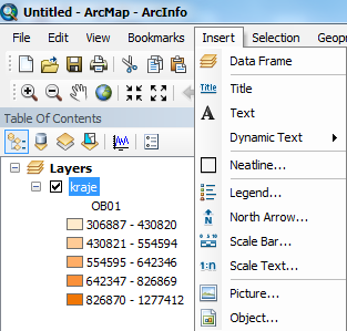 Obrázek 28 Vkládání kompozičních prvků do mapy. Vkládání legendy Legenda je jeden ze základních kompozičních prvků mapy. Aplikace ArcMap umožňuje sestavovat legendu po jednotlivých vrstvách viz obr.