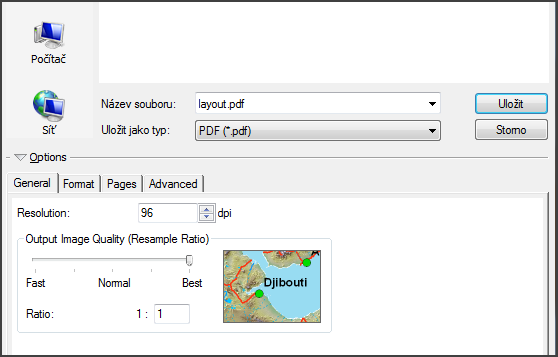 Obrázek 38 Export mapy. Výběr formátu a rozlišení.