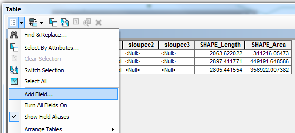 Následně je možné sloupce vytvořit přímo v atributové tabulce pomoci menu atributové tabulky a příkazu Add Field. V průvodci je nutno naspecifikovat název sloupce (bez diakritiky, max.