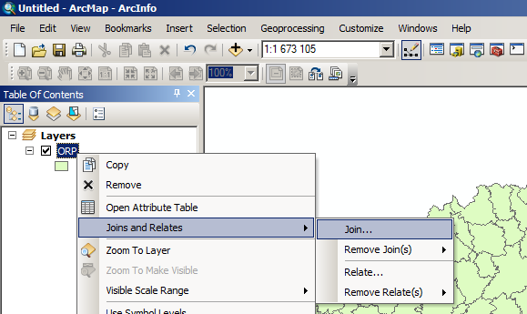 Obrázek 53 Join a Relate se v ArcGIS aktivují v kontextovém menu na vrstvě.