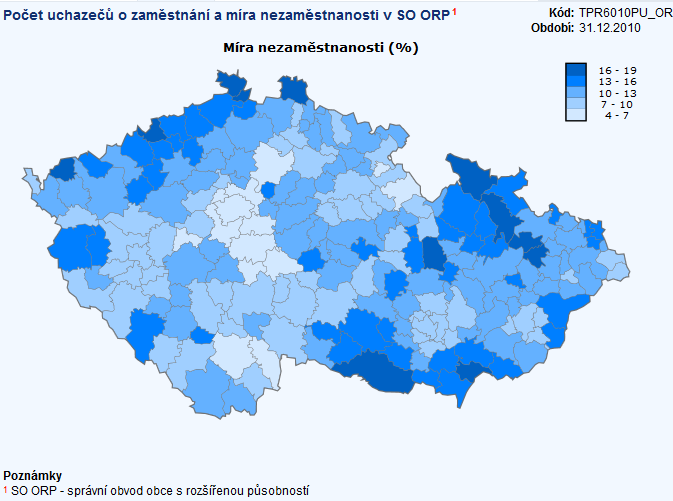 4.5.1 METODA KARTOGRAMU Obrázek 58 Kartogram znázorňující míru nezaměstnanosti v SO ORP. (ČSÚ 2012b) Metoda kartogramu je nejpoužívanější vyjadřovací prostředek tematické kartografie.