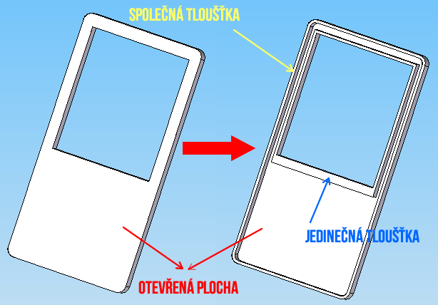 2. krok Otevřené plochy : Výběr ploch, které budou otevřené (tzn. stěny, které budou odstraněny ), viz obr. 3. 3. krok Jedinečná tloušťka : Výběr ploch, u kterých požadujeme jinou tloušťku než společnou.