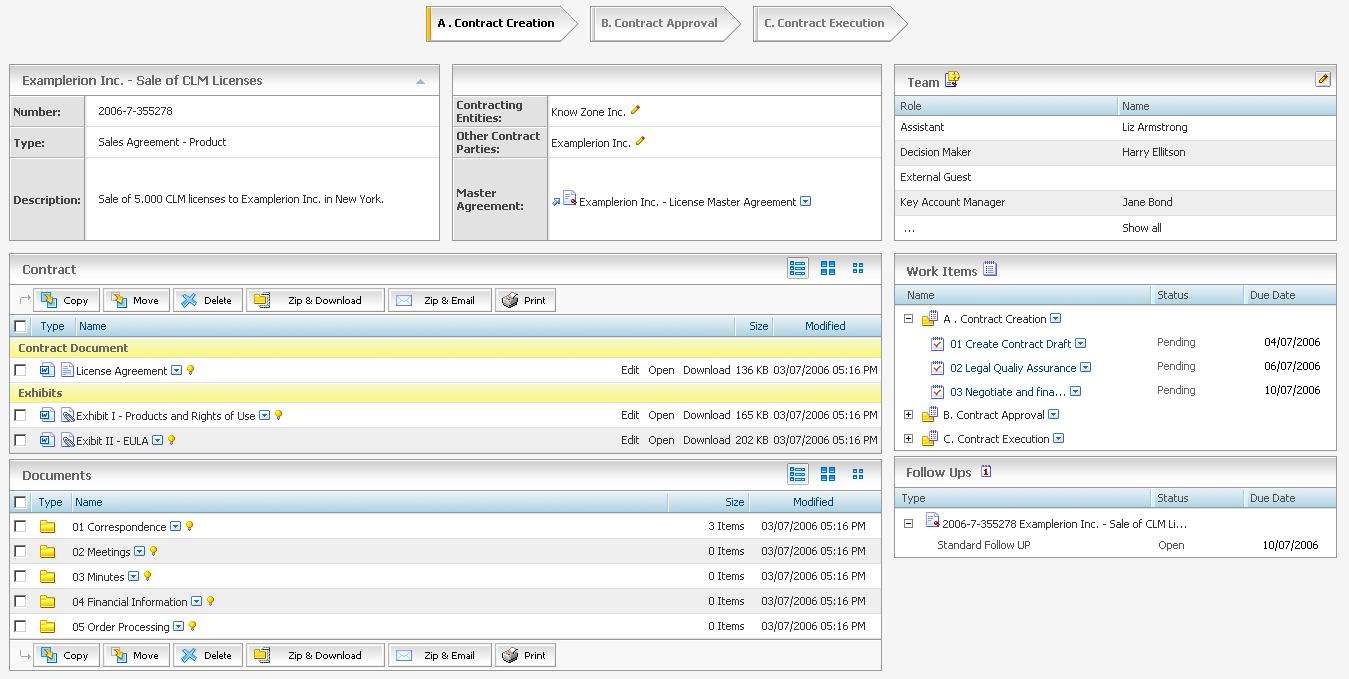 Správa kontraktů v SAP ECM by OpenText Sekce záhlaví zobrazuje důležité údaje, jako jsou referenční číslo, stav, druh smlouvy, smluvní strany nebo odkaz na rámcovou smlouvu s cílem získat rychlý