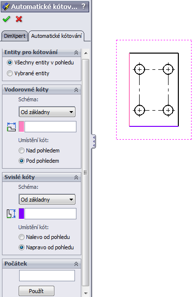 Automatický způsob kótování - zde je možné okótovat všechny, nebo jen vybrané hrany.