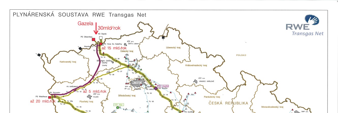 Obr. č. 1. Plynovod GAZELA v České republice Největší provozovatel podzemních zásobníků v České republice, společnost RWE Gas Storage s. r. o.