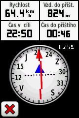 Základní navigace Ukazatel směru ukazuje na cíl, bez ohledu na směr pohybu. Pokud ukazatel směru ukazuje k horní část kompasu, jedete přímo do cíle.