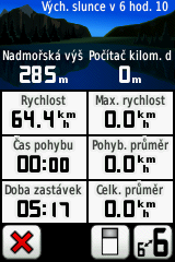 Trasový počítač Trasový počítač zobrazuje vaši aktuální rychlost, průměrnou rychlost, maximální rychlost, počítač kilometrů dílčí cesty a další užitečné statistické údaje.