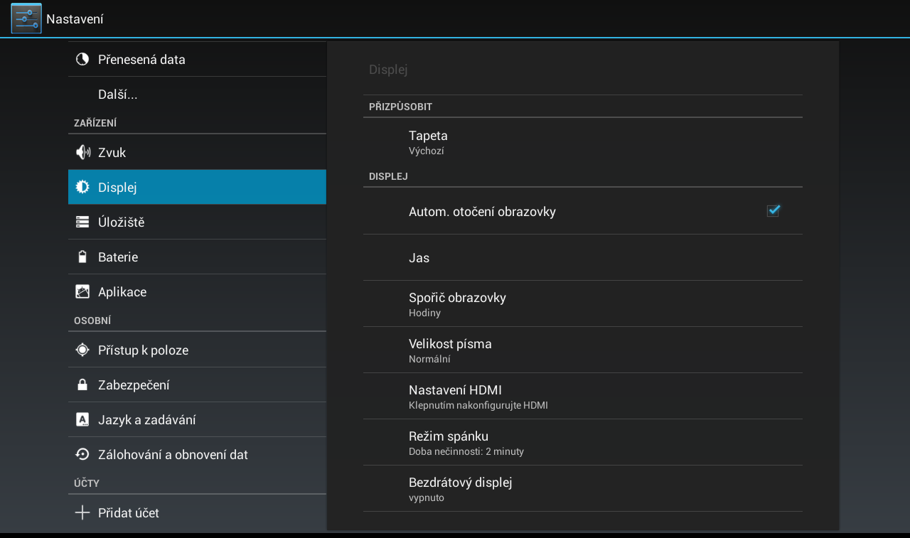 32 NASTAVENÍ OBRAZOVKY NASTAVENÍ V sekci Nastavení > Zařízení > Obrazovka lze nastavit následující parametry: Jas; Tapeta; Autom.