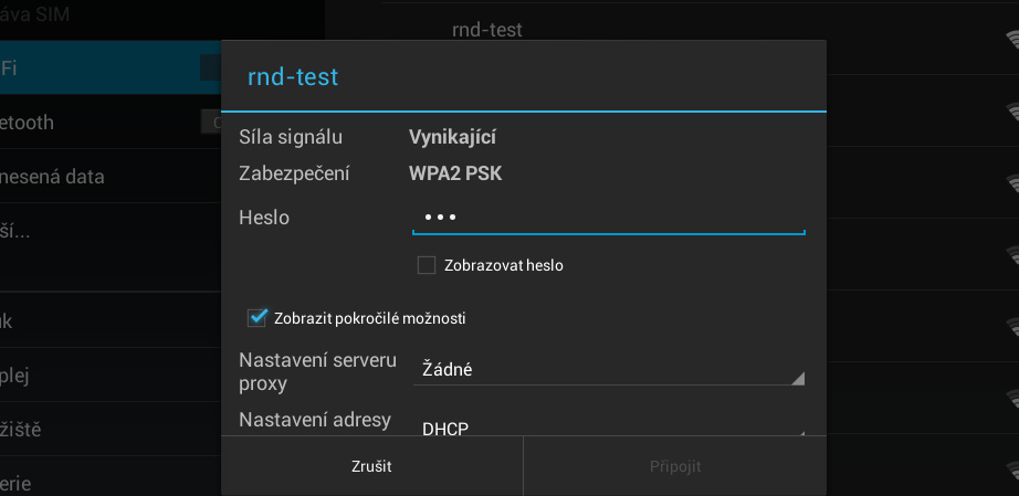 38 NASTAVENÍ Připojení k síti Wi-Fi síť s manuálním nastavením konfigurace sítě Zaškrtněte pro zobrazení pokročilých možností Nastavení ve výchozím nastavení 1.