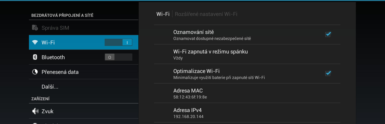 Tlačítko pro vyvolání pokročilých možností VYPNUTÍ WI-FI Pro vypnutí Wi-Fi modulu přesuňte v sekci Nastavení > Bezdrátová připojení a sítě přepínač funkce Wi-Fi do polohy Vypnuto.