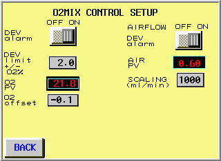 4 Ovládací systémy 4.3 Ovládací systém zařízení WAVEPOD 10 Klepněte na tlačítko O2 MIX. Na obrazovce O2MIX CONTROL SETUP lze: Nastavit výstražné hlášení odchylky koncentrace O 2 (DEV alarm), ON/OFF.