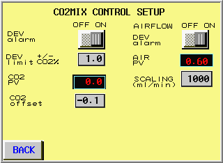 Ovládací systémy 4 Ovládací systém zařízení WAVEPOD 4.3 11 Klepněte na CO2MIX button. Na obrazovce CO2MIX CONTROL SETUP lze: Nastavit výstražné hlášení odchylky koncentrace CO 2 (DEV alarm), ON/OFF.