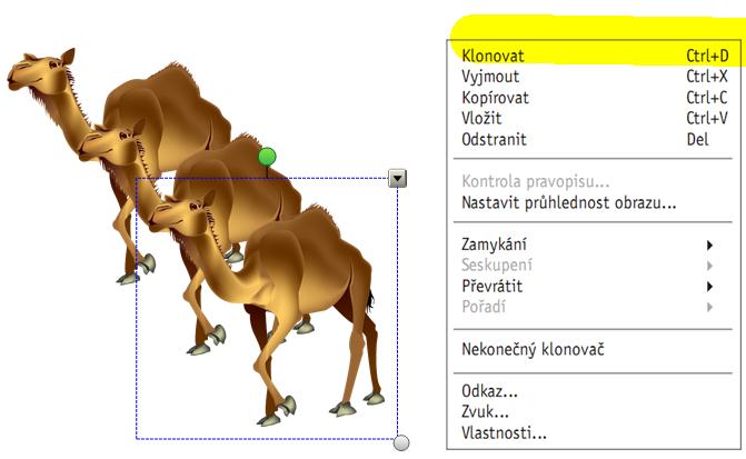 kliknutím pravým tlačítkem do objektu Klonovat, vyjmout, kopírovat, vložit, odstranit