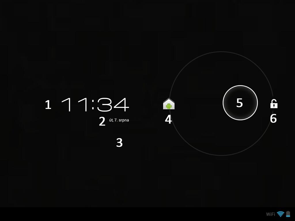Pro odemčení tabletu stiskněte ikonu zámku a přesuňte ji doprava: Na obrazovce v zamčeném režimu jsou následující informace: 1. Aktuální čas. 2. Aktuální datum. 3.
