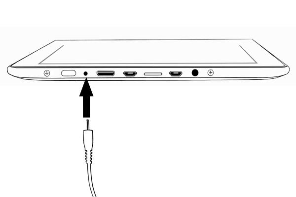 1. Připojte tenký konec nabíječky do příslušného konektoru v tabletu. Takový konektor je na zadní straně přístroje označen DC. Nesprávné připojení kabelu může poškodit tablet nebo nabíječku.