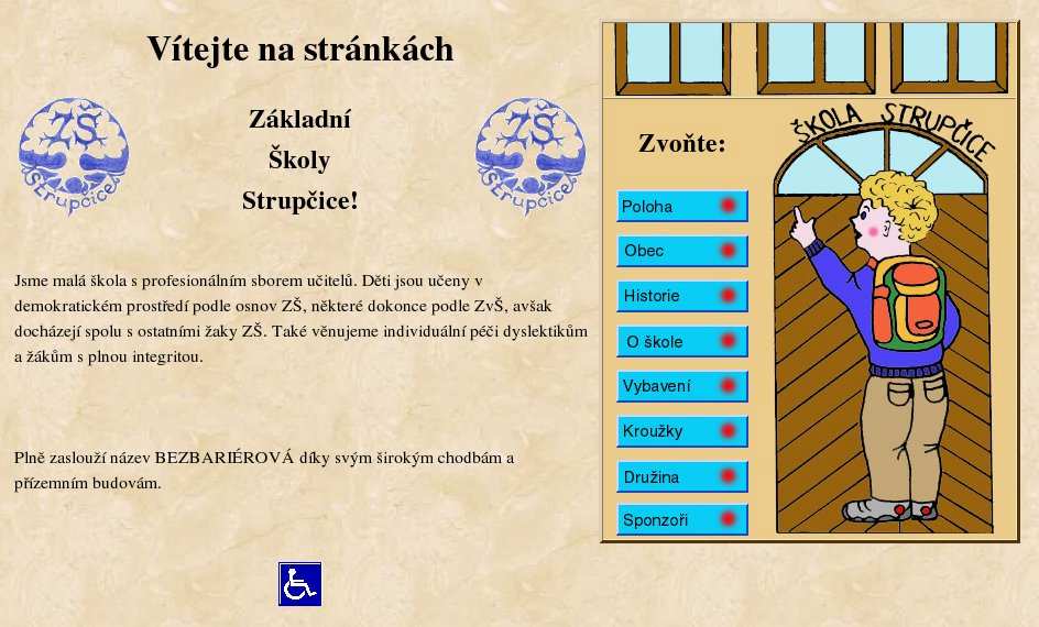 Ilustrace 1: Příklad prezentace bez kontaktu na školu - ZŠ Strupčice - <http://www.strupcice.cz/> stránek, struktury i způsobu prezentace školy.