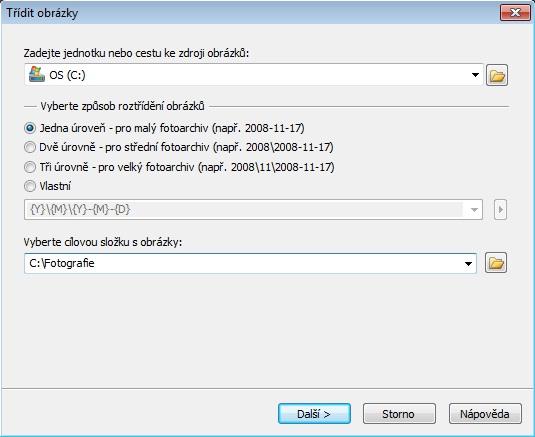 Jednou ze zajímavých možností je funkce Třídit obrázky, která nám umožňuje automaticky rozhodit soubory do nově vzniklých složek, které ponesou název v podobě data pořízení a fotografie budou řazeny