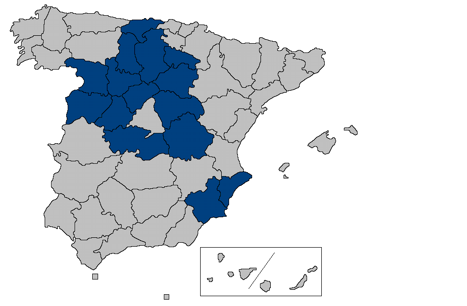 v Kastilii a Leónu (Ávila, Burgos, Palencia, Salamanca, Segovia, Soria, Valladolid, Zamora) a regiony s ní sousedící Kantabrie a Rioja.