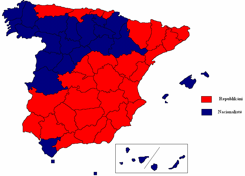 pohledu jsou výjimečným případem Murcie a Alicante, v nichž nacionalisté neuspěli, a přesto zde má PP vysokou podporu. Mapa č. 8. Rozložení sil na počátku španělské občanské války v červenci 1936.
