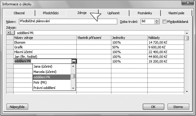 Přiřazení pracovních zdrojů 2.