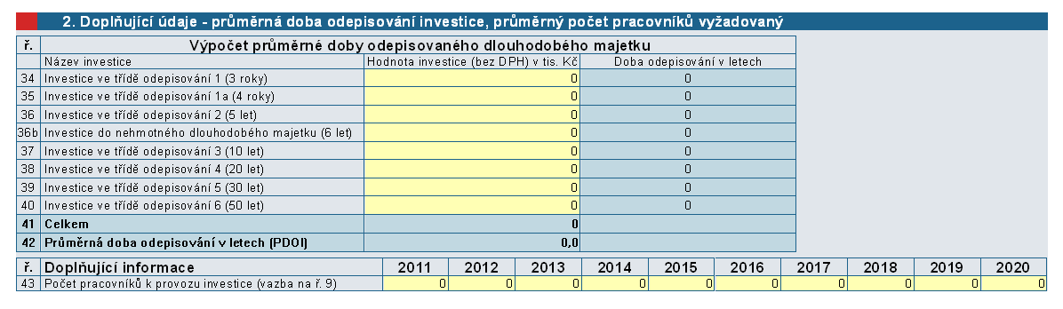 Vzhledem k tomu, že celková investice může být složena z několika různých investic (např. nákup více strojů), je nutné do jednoho řádku uvádět vždy soubor investic ve stejné odpisové skupině.