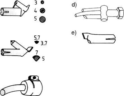 Pro ruční svařování je určena kulatá tryska nebo vícenásobná tryska, pro rychlosvařování je nutné použít rychlotrysky, pro přípravu stehovací trysky (obr. 4.16/3).