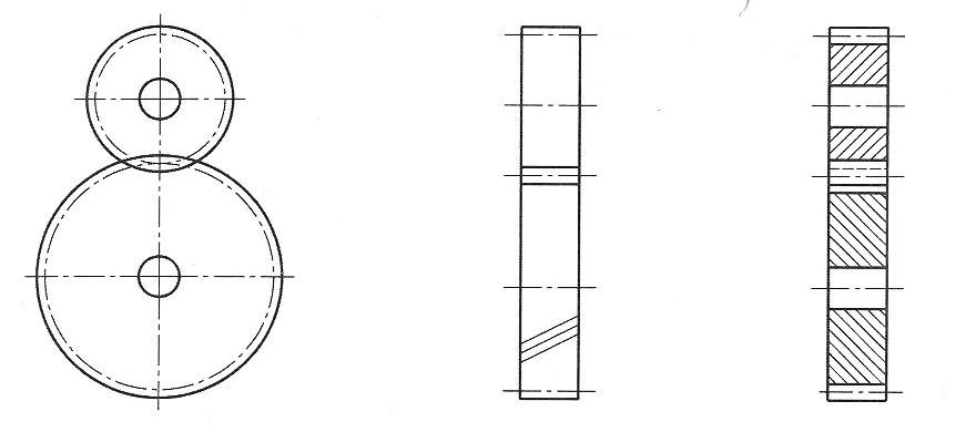 Pravidla pro zobrazování ozubení Zobrazování čelních soukolí v pohledu a v řezu Roztečná plocha (roztečná kružnice) čerchovanou tenkou čarou.