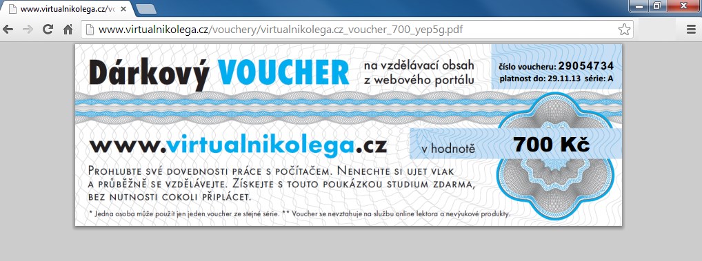 Zvládněte s počítač Důležitá informace na voucheru je jeho číslo, které si můžete z PDF zkopírovat nebo poznamenat. Toto číslo použijete na www.virtualnikolega.