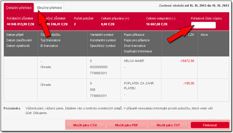4. můžeme přepnout na stručný přehled, hledat dle čísla výpisu, ve