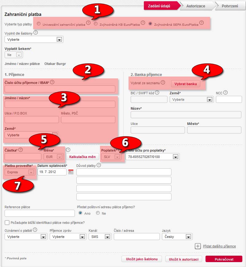 3. vyplňte zobrazený formulář, popis jednotlivých polí naleznete níže 1. Zde si můžete zvolit typ odesílané zahraniční platby (dále ZPL) a.