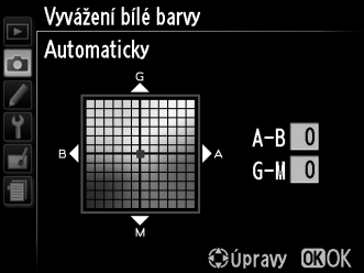 Manuální nastavení Volba Manuální nastavení se používá k záznamu a vyvolání uživatelského vyvážení bílé barvy pro fotografování pod smíšeným osvětlením nebo pro kompenzaci světelného zdroje se silným