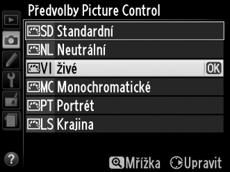 Parametry předvoleb Picture Control Možnost Rychlé nastavení Manuální nastavení (všechny předvolby Picture Control) Manuální nastavení (kromě předvolby Monochromatické ) Manuální nastavení (pouze