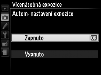 Přerušení vícenásobné expozice Přerušení vícenásobné expozice před pořízením nastaveného počtu snímků dosáhnete výběrem možnosti Vypnuto v položce Vícenásobná expozice > Režim vícenásobné expozice v