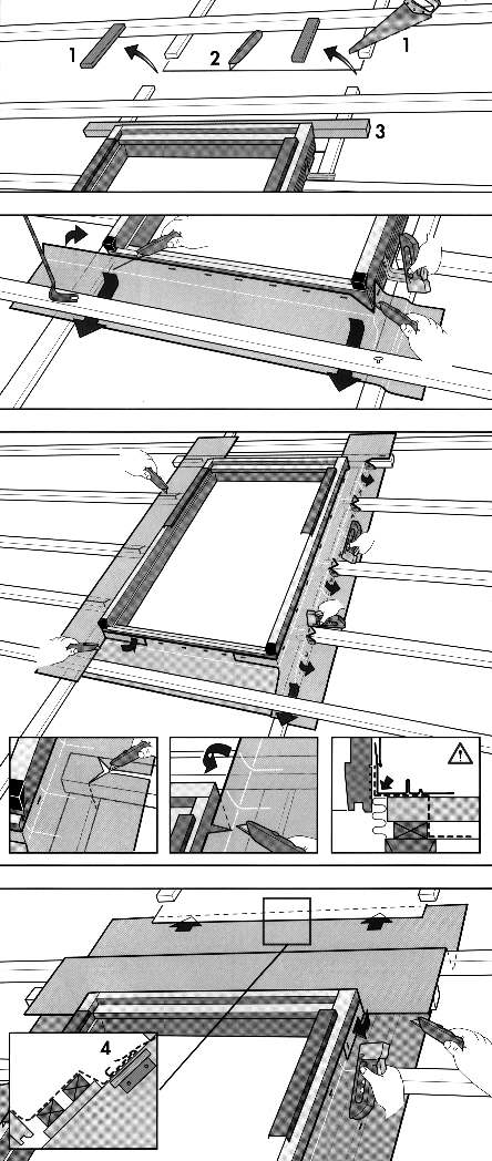 Velux - Instalování podstřešní fólie 11 Podstřešní fólie musí být vždy vytažena kolem celého okna až k horní drážce na rámu. Umístění drenážního žlábku ve sklonu nad oknem.