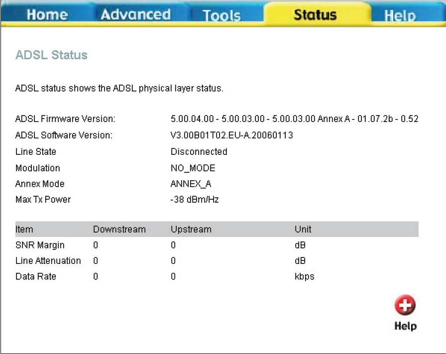 ADSL Okno ADSL Status použijte pro řešení potíží s ADSL spojením.