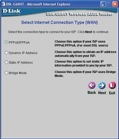 Použití Setup Wizard - Volba typu připojení Nyní zadejte typ připojení, použitý pro přístup k Internetu. Tyto informace poskytuje váš ISP.