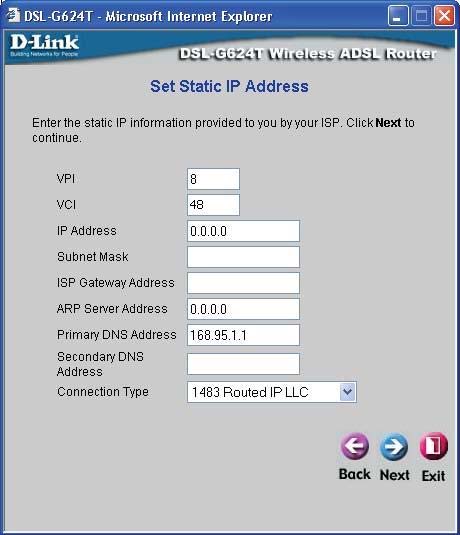 Použití Setup Wizard - připojení Static IP Address: 1. Z rozvinovacího menu Connection Type vyberte konkrétní typ připojení.