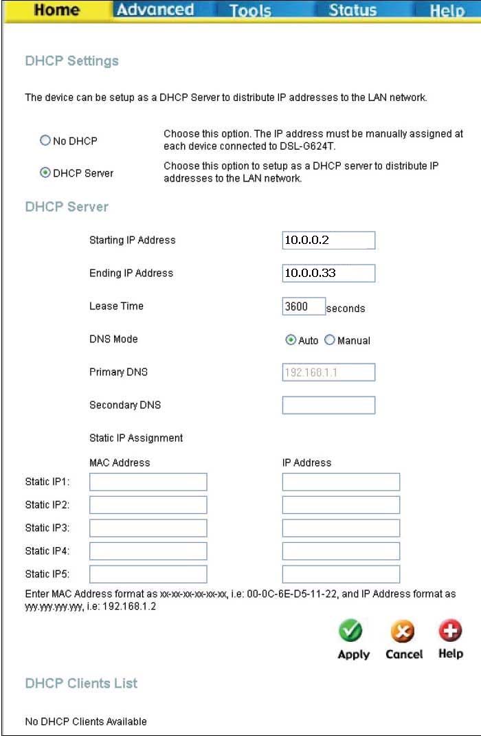 DHCP Při výchozím nastavení je zapnut DHCP server pro ethernetové LAN rozhraní směrovače.